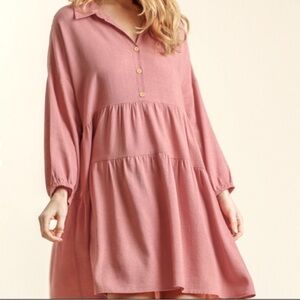 Umgee Pink Tiered Long Sleeve Linen Blend Relaxed Fit Mini Dress Size Large